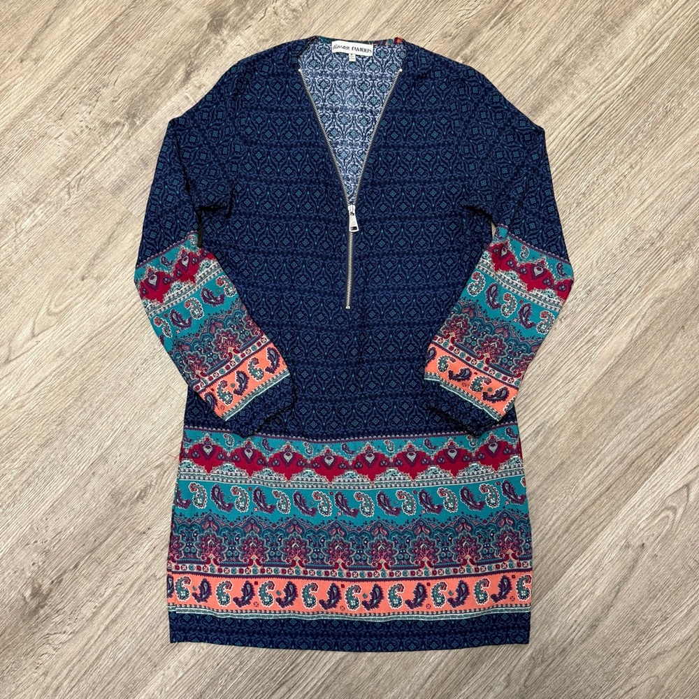 Almost Famous Paisley Boho Zip Front Long Sleeve Mini Dress Size M‎